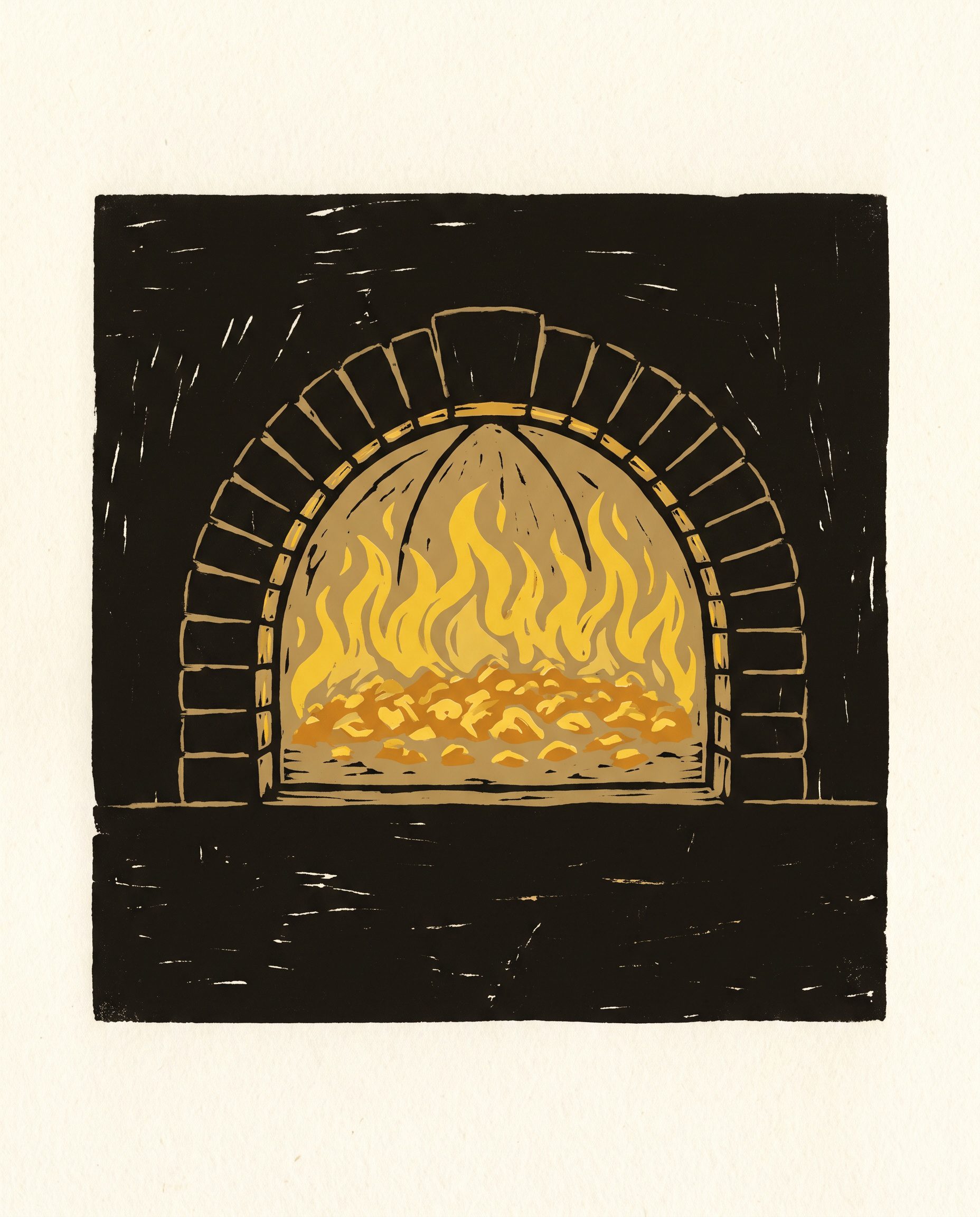 Stampa a linoleum: la bocca del forno a legna, fiamma sopra le braci